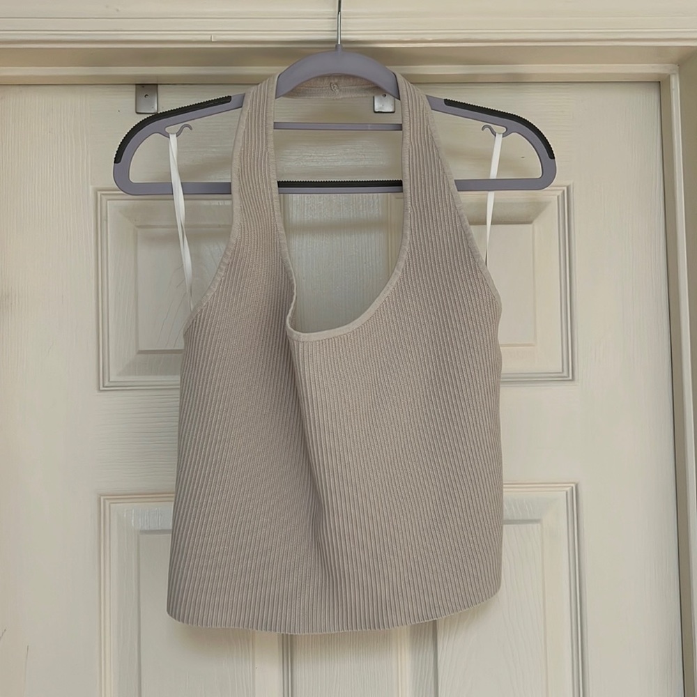 Babaton Sculpt Knit Backless Halter Top, Matte Pearl Size L